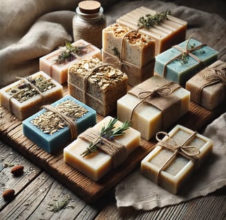 Handmade soaps on a rustic wooden table with natural ingredients