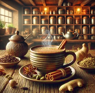 Steaming cup of masala chai surrounded by spices on a rustic wooden table.