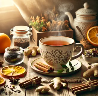 A steaming cup of herbal tea surrounded by ginger root, orange slices, cinnamon sticks, and fresh herbs on a rustic table