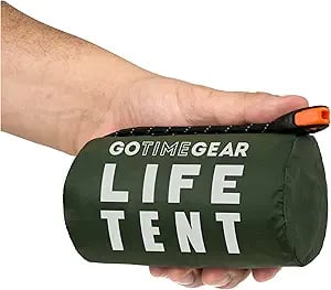 Go Time Gear 2-Person Mylar Survival Tent with paracord and emergency whistle.