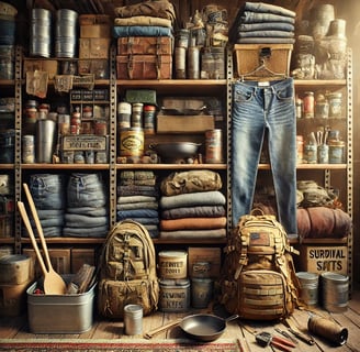 Goodwill thrift store aisle with essential prepper items like jeans, cast iron cookware, blankets, and tools