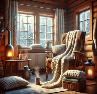 Cozy winter cabin with blankets, warm lighting, and snow-covered windows