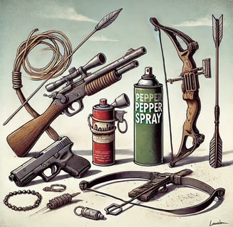 Humorous illustration of impractical apocalypse weapons, like a broken gun and tangled bow.