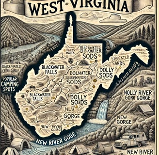 Illustrated map of West Virginia camping spots, including Blackwater Falls, Dolly Sods, and New River Gorge.