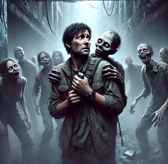 Vulnerable survivor surrounded by zombies in a dark urban setting, with a close-up zombie peering curiously into the camera.