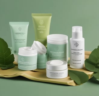 Three hemp-based skincare products are arranged on a smooth, white surface. Two are dropper bottles with dark blue glass and white labels, and one is a small jar with a screw-top lid, also featuring a white label. Natural lighting casts soft shadows on the surface.