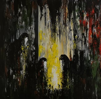 a painting of a group of refugee people