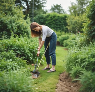 A person wearing a blue coat and hat is crouched near a large green bush, holding a long stick. Nearby, there is a grey trash bin and a broom lying on the ground in a garden setting.
