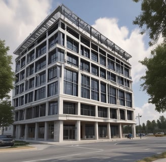 A modern architectural structure with a white facade and wooden accents, featuring black metal beams extending from the roof. A professional DSLR camera mounted on a tripod is focused on the building, highlighting the interaction between architecture and photography.