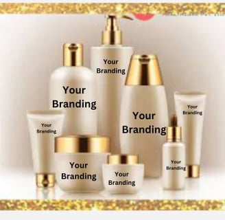 a group of cosmetic products with a gold frame