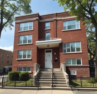 Bronx multi family brick building with a white door and stairs