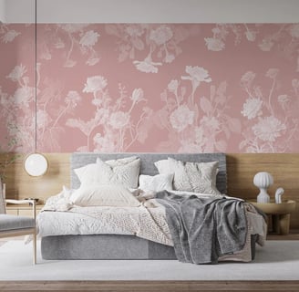 pink and white floral wallpaper with a neutral bedroom