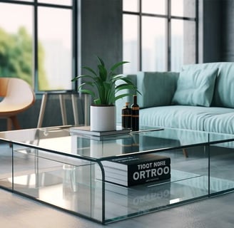 tempered glass coffee table with blue couch and orange chair