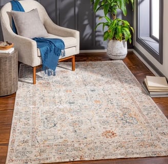 peach and blue floral rug