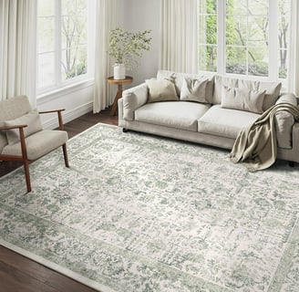 natural light and green and white rug with cream couch