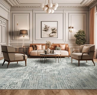 tan and cream living room chairs on top of green rug