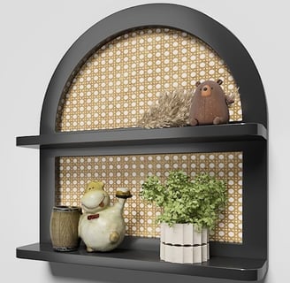 black and rattan wall shelving