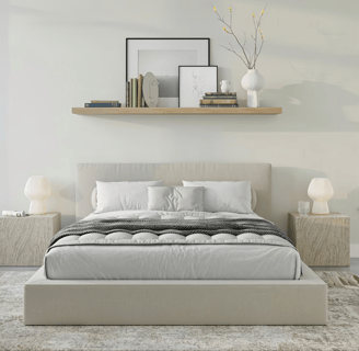 cream bed frame in neutral bedroom