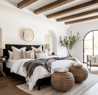 brown ceiling beam, greenery, brown ottoman, black bed frame, cream comforter, gold circle mirror