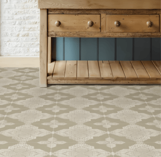 grey and green and white printed peel and stick flooring with a wooden countertop