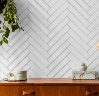 White herringbone peel and stick tile with brown wooden furniture