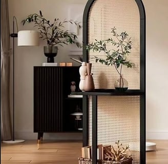 black and rattan shelving