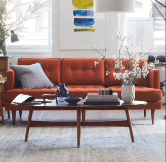 orange couch, red couch mid century modern