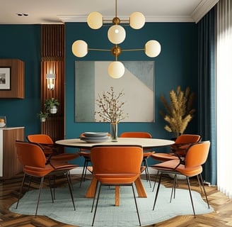 mid century modern dining room inso. round table orange chairs