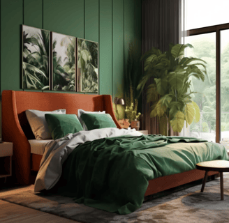 burnt orange bed frame with green themed room with green comforter