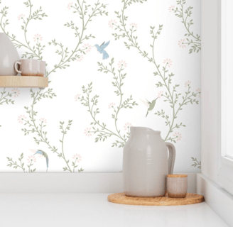 hummingbird white green and blue floral wallpaper