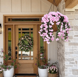 pink artificial flowers hanging, front door decor, spring door decor, front door decor spring 2025