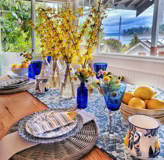 yellow and blue lemon dining table plates arrangement