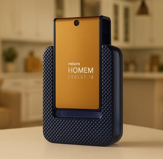 Foto realista e em alta resolução do perfume Natura Homem Evolut.io sobre uma superfície branca.