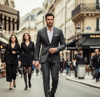 imagem ultra realista de um homem elegante usando terno estiloso, caminhando com postura imponente