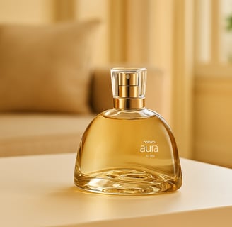 a perfume bottle sitting on a table with a couch and a couch