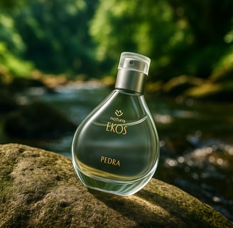 Imagem realista em alta resolução do perfume Natura Ekos Pedra deitado sobre uma pedra