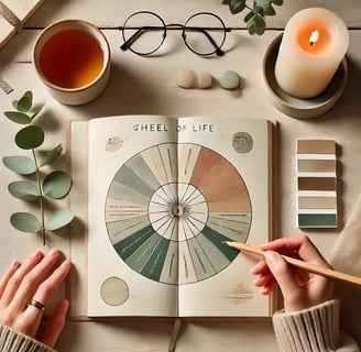 A soft, calming flat lay scene on a pale wooden desk. An open journal shows a hand-drawn “Wheel of Life” with shaded segments