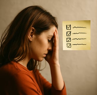 A thoughtful young woman sits at a table with her hand resting on her forehead, surrounded by scattered papers and a warm, so