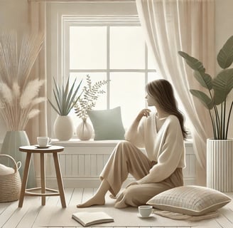 Soft illustration of a woman sitting thoughtfully with a journal in her lap, surrounded by cozy textures and indoor plants in
