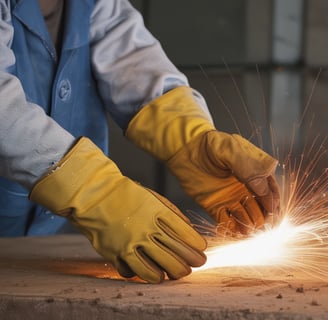 A person wearing a helmet and safety gear is standing in an industrial or construction-like setting. They are looking at a mobile device, possibly for work-related purposes. Around them are sheets or fabric drapes hanging, with cables and construction materials scattered on the concrete ground.