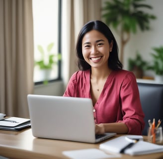 a woman sitting at a desk with a laptop computer
