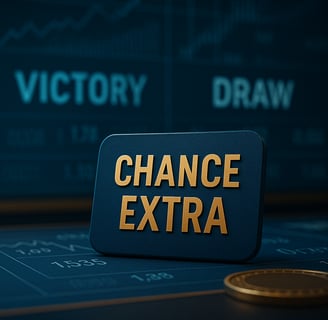Cartão azul com as palavras "Chance Extra" em dourado sobre mesa de apostas, ao fundo tela digital 