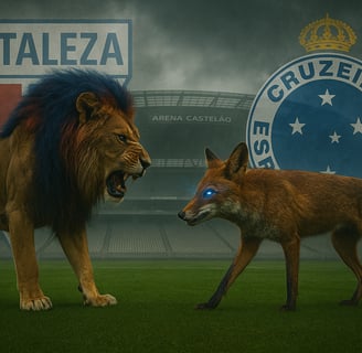 Leão tricolor encara raposa de olhos elétricos diante do Castelão encoberto por névoa.