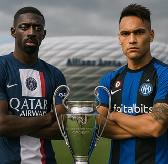 Dembélé e Lautaro lado a lado com o troféu da Champions entre eles, Allianz Arena ao fundo.