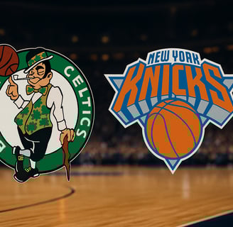 Emblemas do Boston Celtics e do New York Knicks em destaque, com uma arena ao fundo