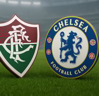 escudos de fluminense e chelsea sobre gramado 