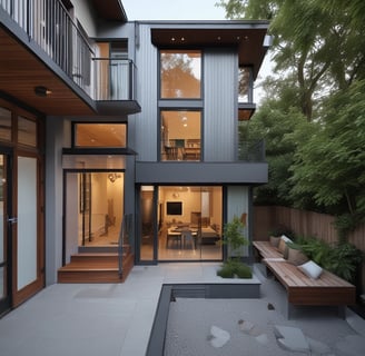 A residential building with a modern architectural design, featuring white walls and large windows. Trees with sparse foliage are in the foreground, and the scene is illuminated by warm, soft lighting, suggesting late afternoon or early evening.