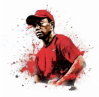 a man in a red shirt and a baseball cap