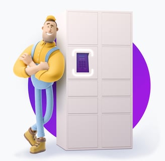 a man in overalls and overalls standing next to a refrigerator