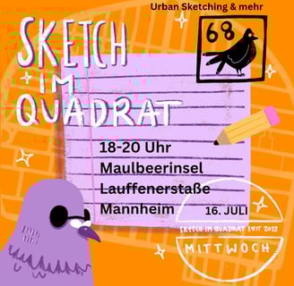 Orangener flyer mit quadratestadtsymbol im Hintergrund einer lila taube einem stift 18 bis 20h auf der maulbeerinsel am 16 ju